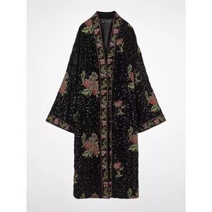 Zara Black Floral Embroidered Coat